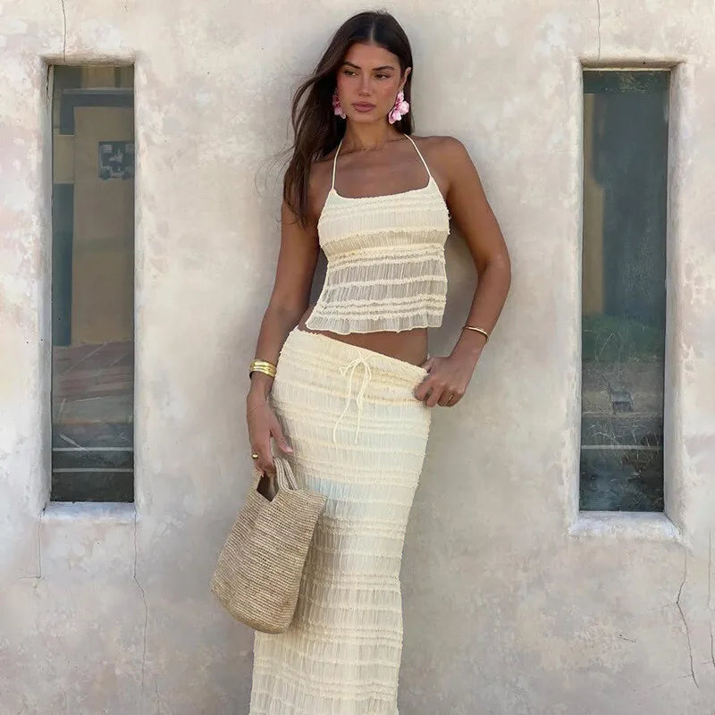 Chiffon Lace Sexy Skirt Two Piece Sets Women Halter Crop Tops And Maxi Skirt Ladies Fashion Woman Long Dress Set