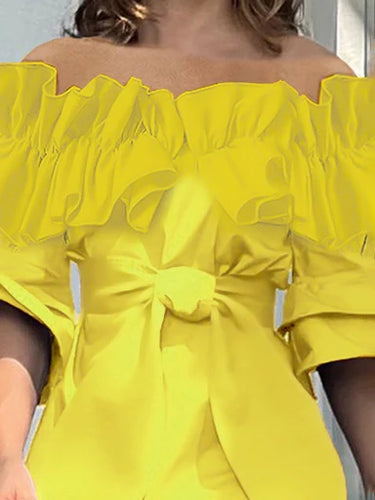 Women Original Cotton Blouses & Shirts 2025 Summer Off-shoulder Yellow Tiered Ruffled Elegant Tops Split-Joint Women Cl