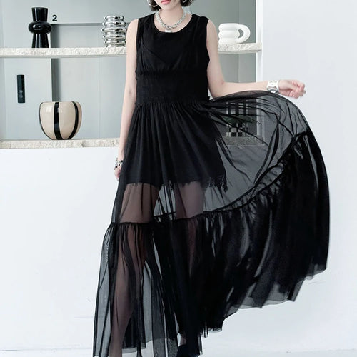 Load image into Gallery viewer, Women Black Mesh Perspective Elegant Spaghetti Strap Dress New V-Neck Sleeveless Fashion Tide Spring Summer  2025 1DJ0845
