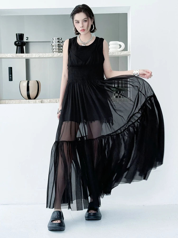 Women Black Mesh Perspective Elegant Spaghetti Strap Dress New V-Neck Sleeveless Fashion Tide Spring Summer  2025 1DJ0845