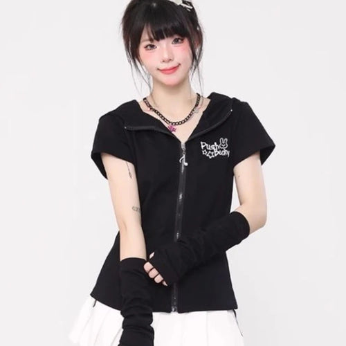 Load image into Gallery viewer, Kawaii Rabbit Black Printing T-shirts Y2k Aesthetic Slim Streetwear Zipper Tees Short Sleeve Fairy Harajuku Hoody Tops Women
