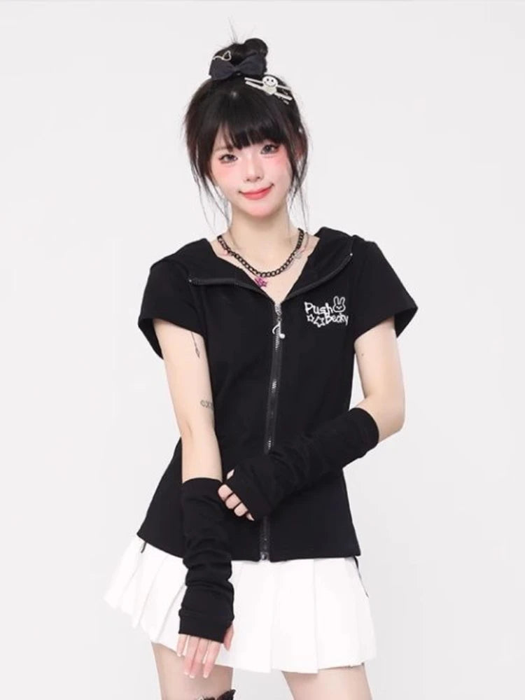 Kawaii Rabbit Black Printing T-shirts Y2k Aesthetic Slim Streetwear Zipper Tees Short Sleeve Fairy Harajuku Hoody Tops Women