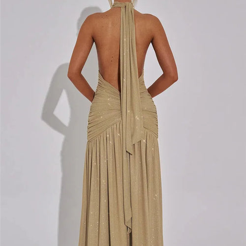 Load image into Gallery viewer, Glitter Deep V Neck Sexy Maxi Dress For Women 2025 Fashion Sparkle Halter Sleeveless Backless Split Club Long Dress
