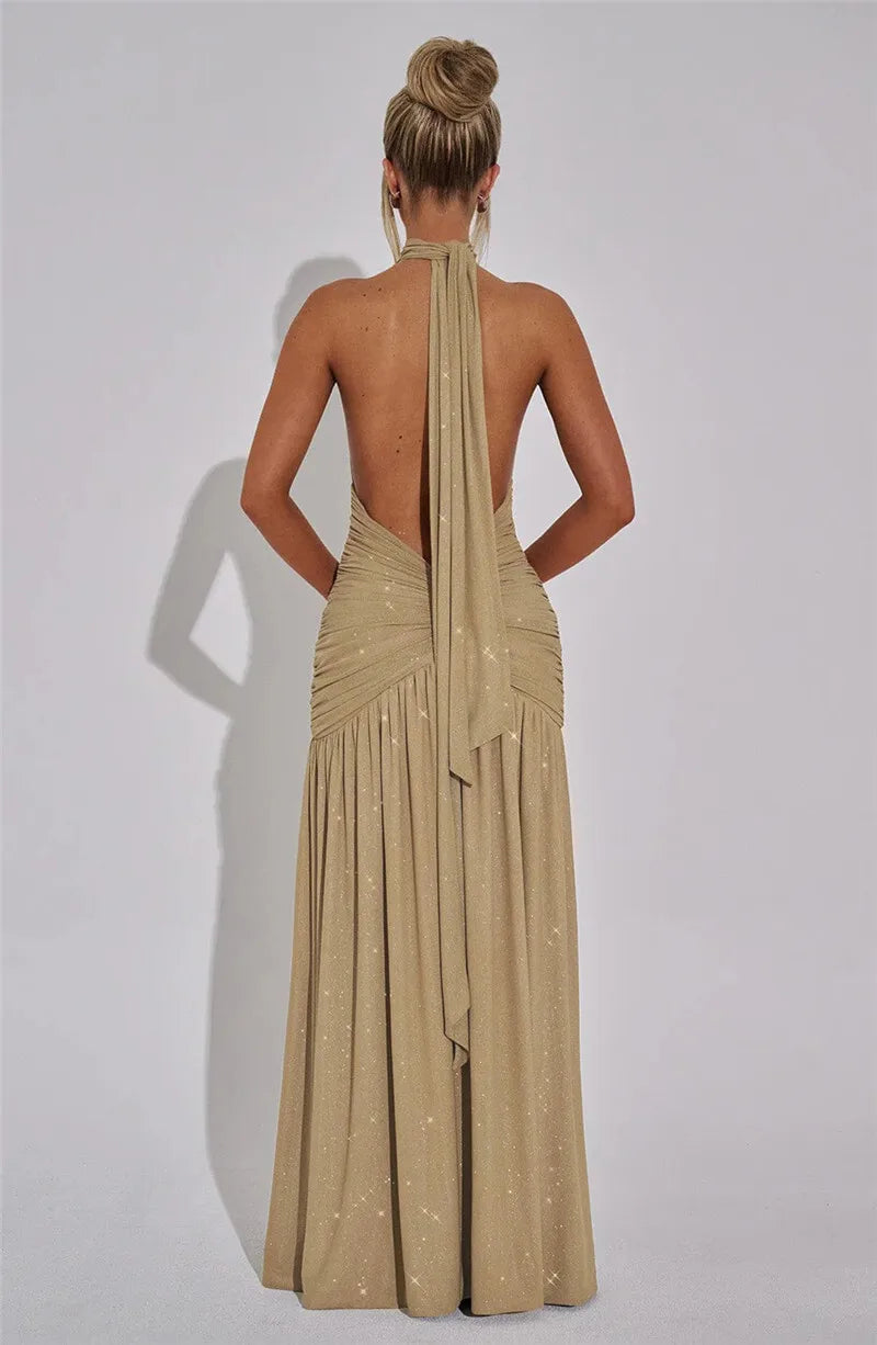 Glitter Deep V Neck Sexy Maxi Dress For Women 2025 Fashion Sparkle Halter Sleeveless Backless Split Club Long Dress