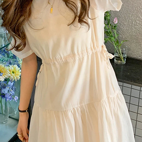 Load image into Gallery viewer, Pure Color Simple O-neck Women&#39;s Dresses Korean Style Drawstring Puff Sleeve Ruffles Summer Elegant Fashion Female Dress
