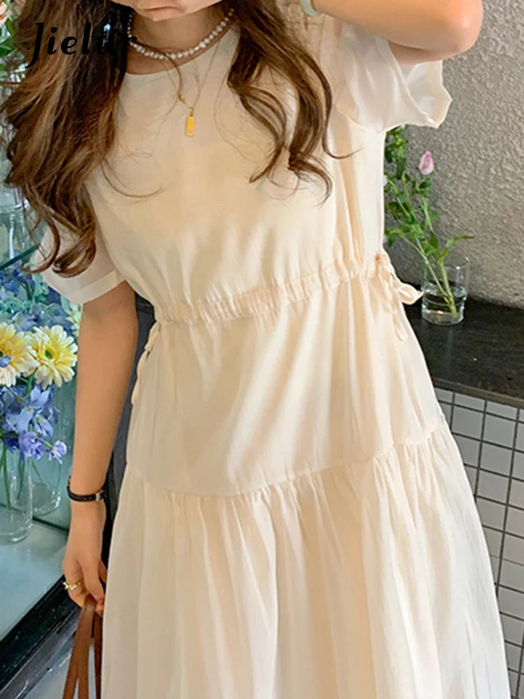 Pure Color Simple O-neck Women's Dresses Korean Style Drawstring Puff Sleeve Ruffles Summer Elegant Fashion Female Dress