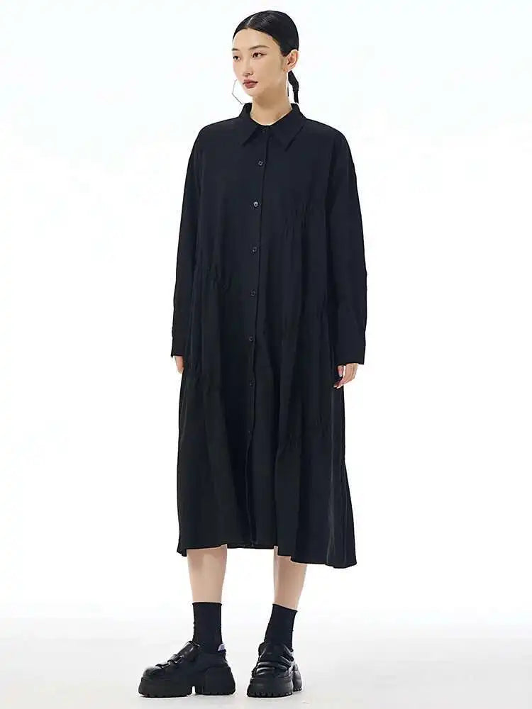 Women Coffee Pleated Spliced Big Size Midi Shirt Dress New Lapel Long Sleeve Fashion Tide Spring Autumn 2025 1DH7416
