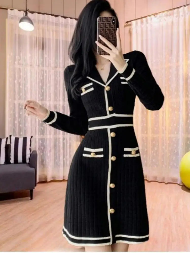 Autumn Winter Black White Patchwork High Wais A-line Knit Dress French Women's New Long Sleeved Slim Single Breasted Short Dress