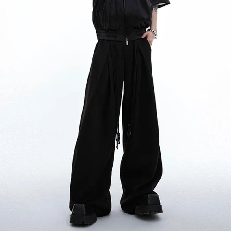 Strap Design Casual Pants Loose Straight Solid Color Lace-up Wide Leg Male Trousers Loose Simple Fashion 24E1288