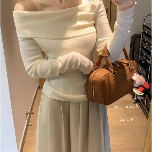 Load image into Gallery viewer, Autumn Winter Solid Temperament Sexy Slim Off Shoulder Long Sleeve Knitting Sweater Women Office Fashion Pleated Tops New Simple
