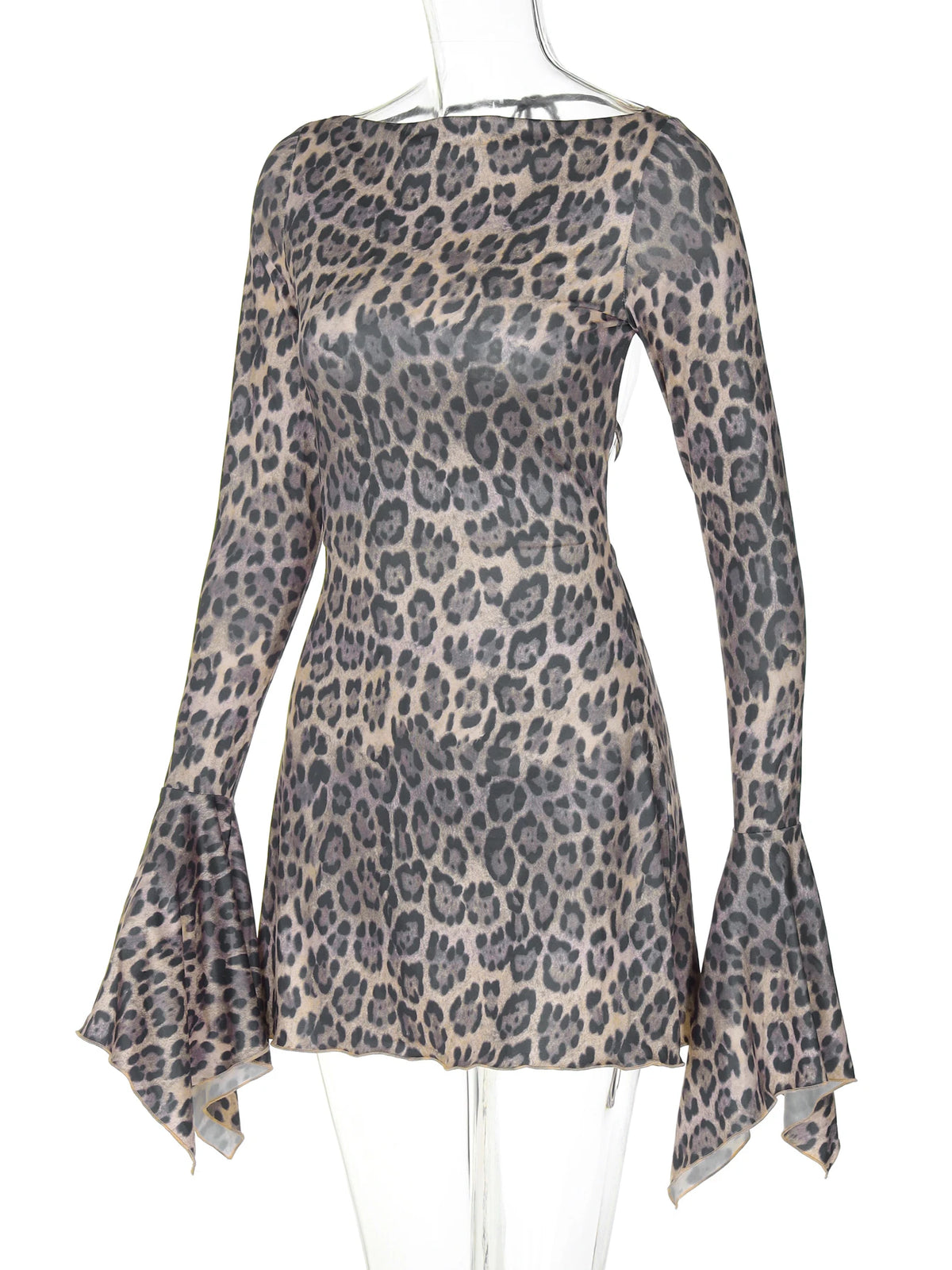 Leopard Print Long Flare Sleeve Backless Lace Up Sexy Slim Mini Dress Women Fashion Outfits Beach Festival