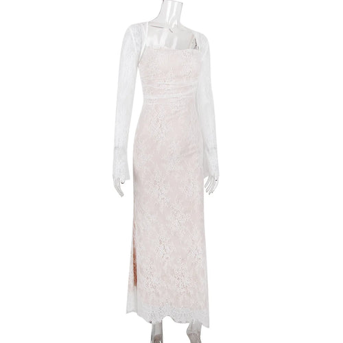 Load image into Gallery viewer, Elegant Lace Print Maxi Dress Set Women Fashion Spaghetti Strap Long Sleeve Bodycon Club Party Sexy Long Dress
