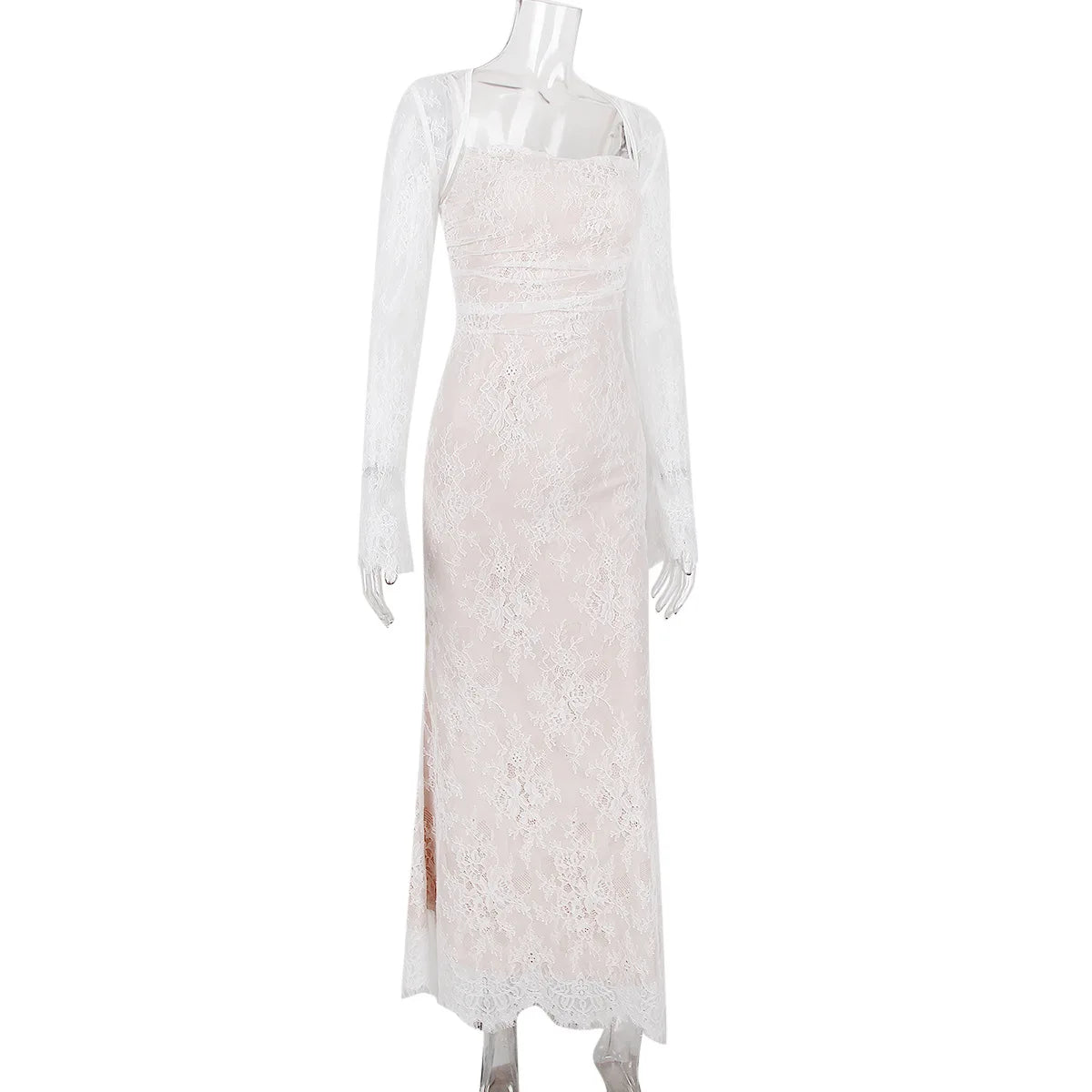 Elegant Lace Print Maxi Dress Set Women Fashion Spaghetti Strap Long Sleeve Bodycon Club Party Sexy Long Dress