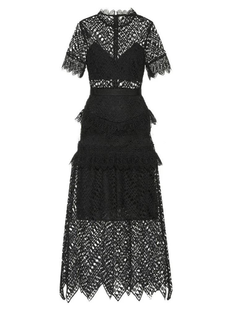 Vintage Lace Irregular Dresses For Women Stand Collar Short Sleeve High Waist Spliced Ruffles Sexy Sheer Folds Dress Female