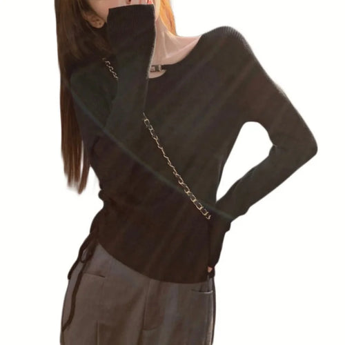 Load image into Gallery viewer, y2k Aesthetic Tops Women Clothes Solid Color Metal Chain Decor Round Neck Long Sleeve Knitted T Shirts 2000s Streetwear
