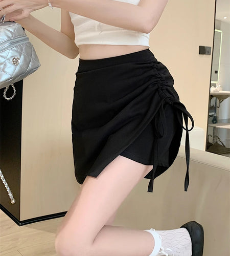 Spring Summer Black Slim Irregular Long Skirts Women Brown Grey High Waist Elegant Drawstring Lace-up Pleated Skirt Streetwear