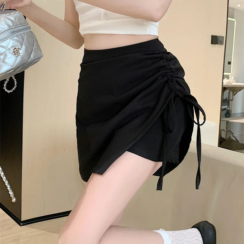 Load image into Gallery viewer, Spring Summer Black Slim Irregular Long Skirts Women Brown Grey High Waist Elegant Drawstring Lace-up Pleated Skirt Streetwear
