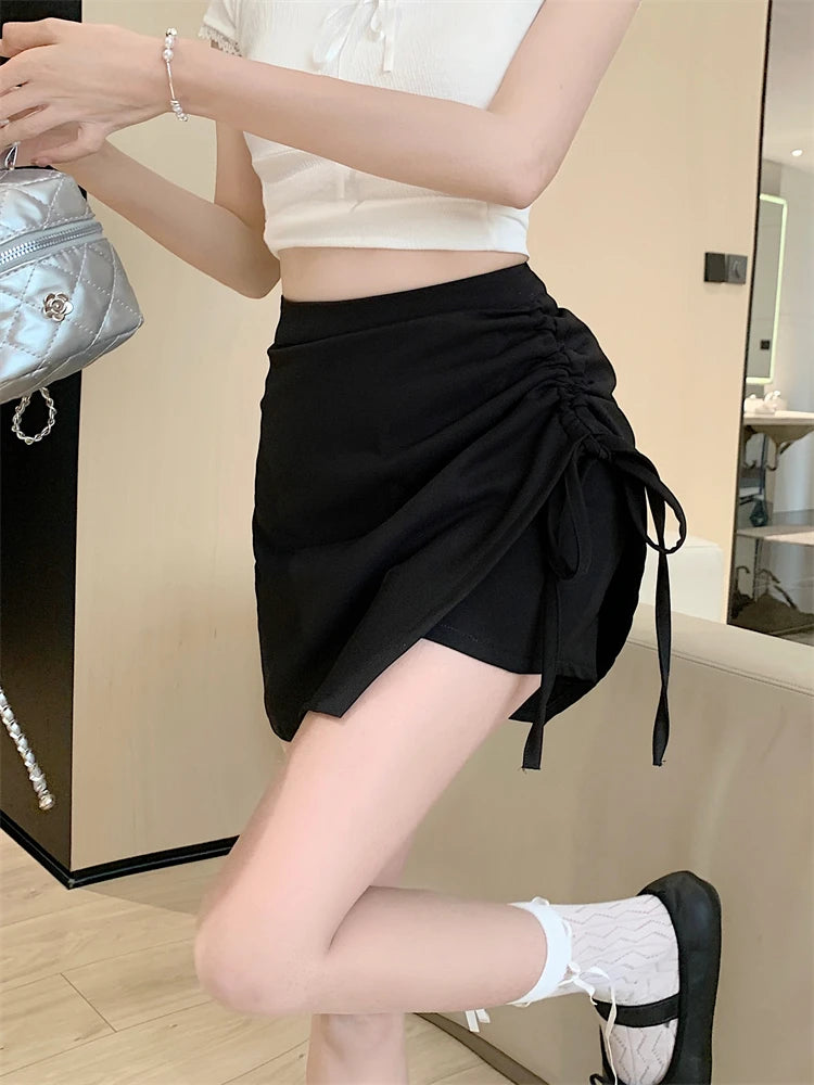 Spring Summer Black Slim Irregular Long Skirts Women Brown Grey High Waist Elegant Drawstring Lace-up Pleated Skirt Streetwear