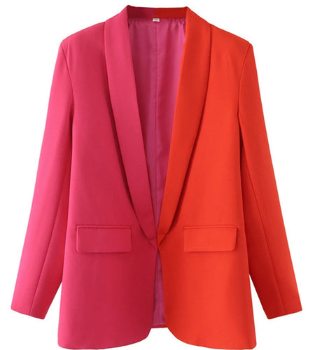 Women Office Lady Blazer Pink and Red Contrast Color Long Sleeve Blazer Coat Vintage Pockets Outerwear Autumn Tops 2022