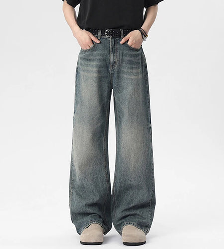 Men's Jeans New American High Street Style Washed Cat Whisker Design Solid Color Straight Leg Male Denim Pants 9W1658