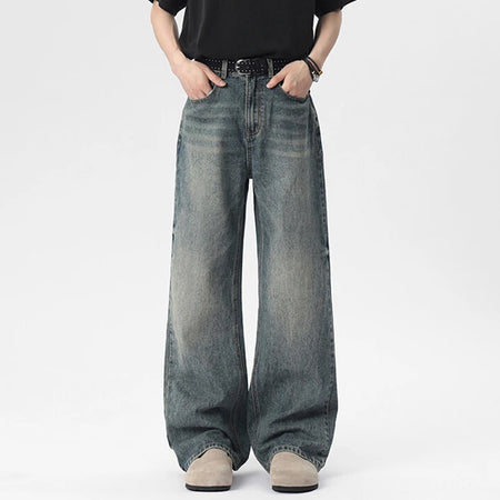 Men's Jeans New American High Street Style Washed Cat Whisker Design Solid Color Straight Leg Male Denim Pants 9W1658