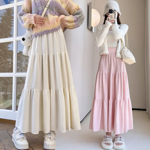 Load image into Gallery viewer, Vintage Women Solid High Waist Versatile Pleated A-line Long Skirts 2024 Autumn Winter French Sweet Cake Knit Skirt Streetwear
