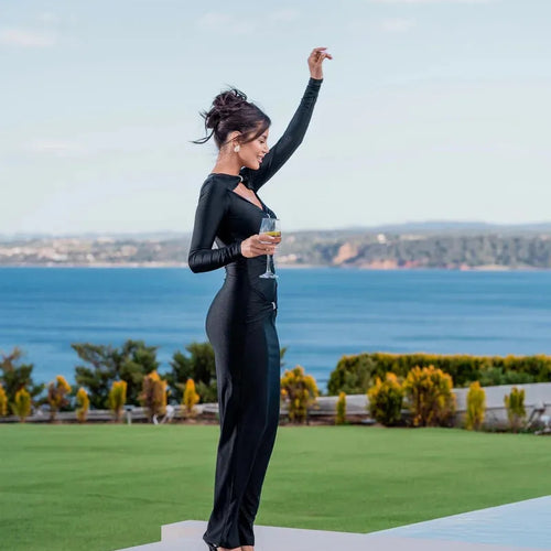 Load image into Gallery viewer, Elegant Hollow Out Long Sleeve Sexy Maxi Dress For Women Solid Color Slim Fit Cut Out Club Party Long Dress New
