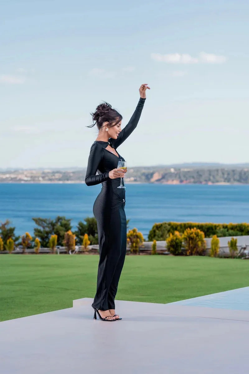 Elegant Hollow Out Long Sleeve Sexy Maxi Dress For Women Solid Color Slim Fit Cut Out Club Party Long Dress New