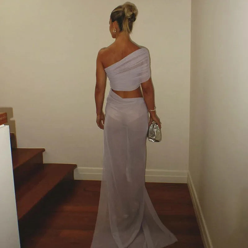 Mesh Hollow Out Backless Sexy Maxi Dress For Women Fashion One Sleeveless See Through Ruched Bodycon Club Long Dress