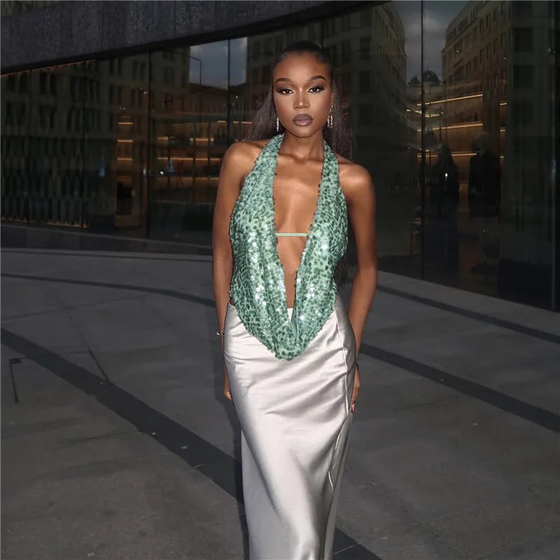 Halter Deep V Neck Sexy Crop Tops Women Sequins Beach Club Tank Tops Female Summer New Holiday Party Cropped Tops