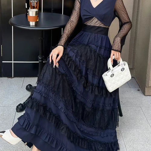 Load image into Gallery viewer, Elegant Spliced Mesh Dresses For Women V Neck Long Sleeve High Waist Patchwork Ruffles Long Dress Female Clothes
