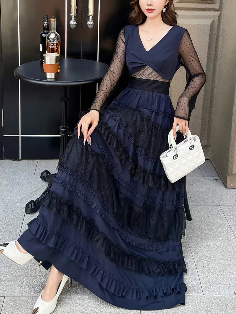 Elegant Spliced Mesh Dresses For Women V Neck Long Sleeve High Waist Patchwork Ruffles Long Dress Female Clothes