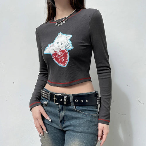 Load image into Gallery viewer, Kawaii Cat Printed Bodycon Tee Shirt Female Vintage Y2K Stitch Long Sleeve Top Harajuku Autumn T shirts Korean Sweat
