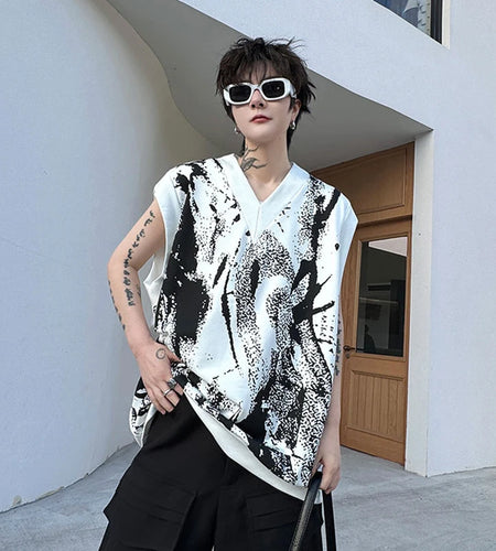 Summer V-neck Loose Men's Tank Top Geometric Print Pattern Pullover Contrast Color Male Top Sleeveless 9C5503