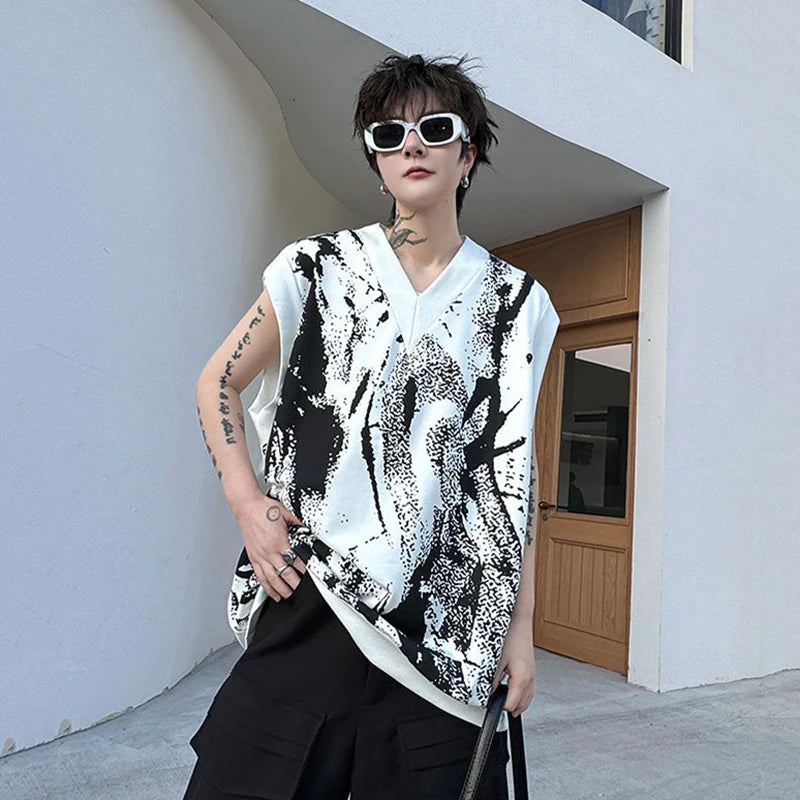 Summer V-neck Loose Men's Tank Top Geometric Print Pattern Pullover Contrast Color Male Top Sleeveless 9C5503