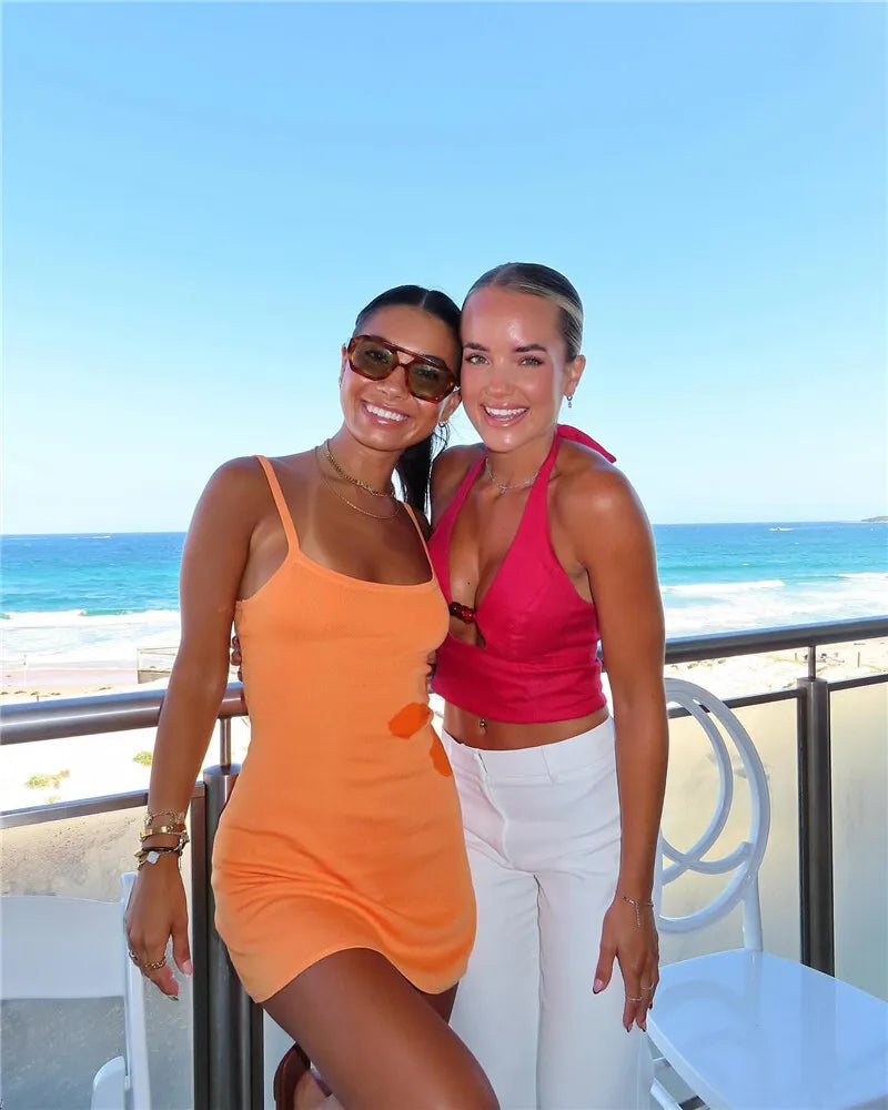 Spaghetti Strap Print Knit Mini Dress For Woman Robe Summer New Sleeveless Backless Beach Holiday Club Dress Knitwear