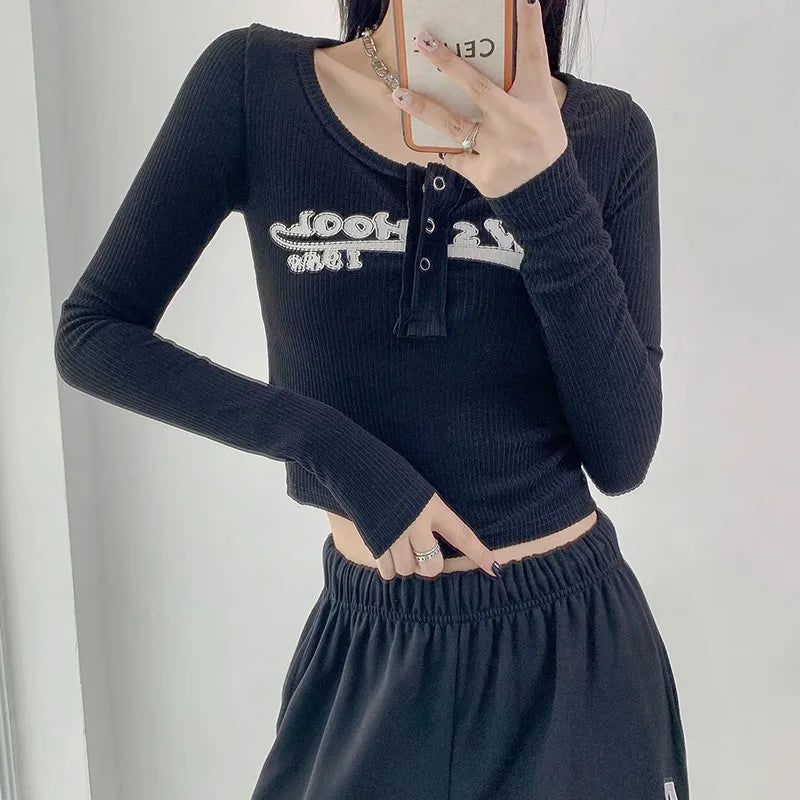 Vintage Letter Print Crop Tops Grunge Ribbed T-shirts Sexy Slim Long Sleeve Tee Shirt Women Korean Fashion Streetwear