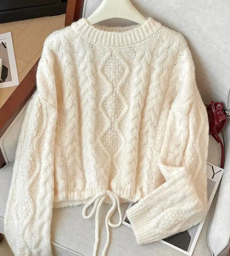 French Fashion Autumn Winter Beige Yellow Elegant Drawstring Lace-up Short Sweater Women's 2024 New Grey Long Sleeved Knit Tops