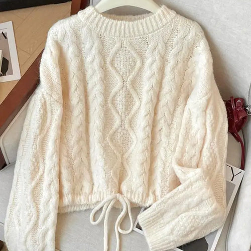 Load image into Gallery viewer, French Fashion Autumn Winter Beige Yellow Elegant Drawstring Lace-up Short Sweater Women's 2024 New Grey Long Sleeved Knit Tops
