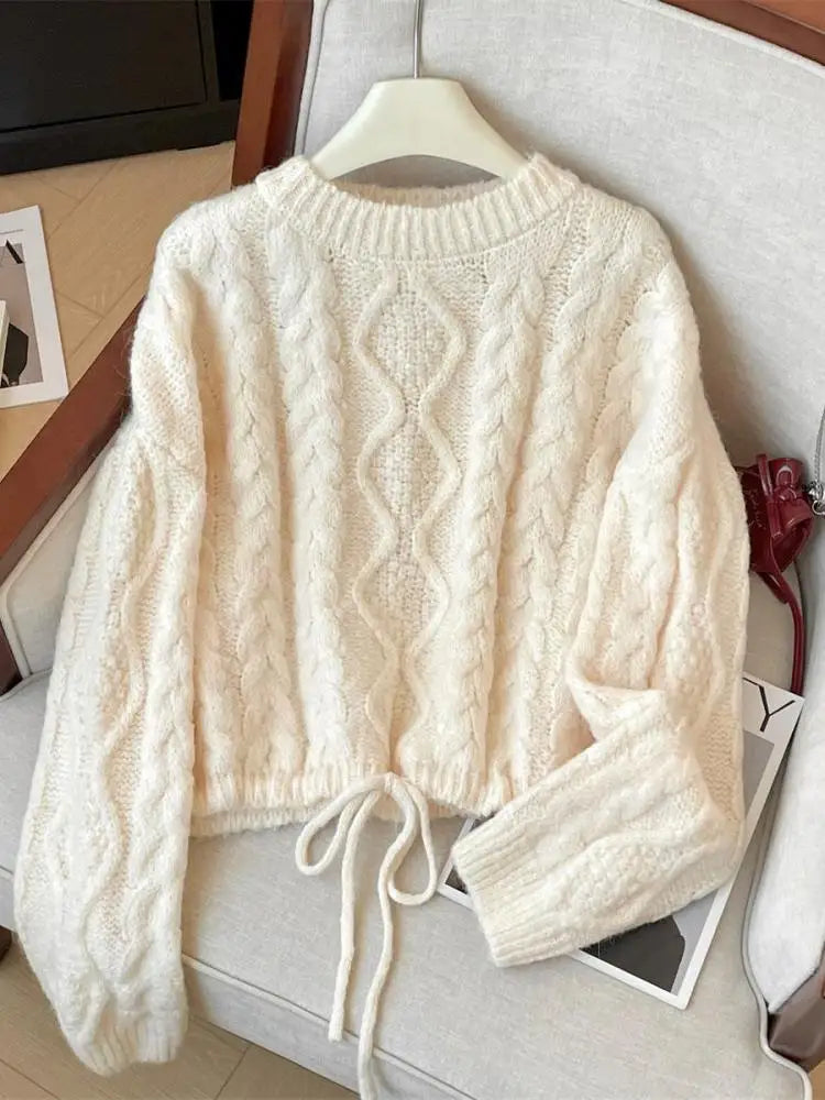 French Fashion Autumn Winter Beige Yellow Elegant Drawstring Lace-up Short Sweater Women's 2024 New Grey Long Sleeved Knit Tops