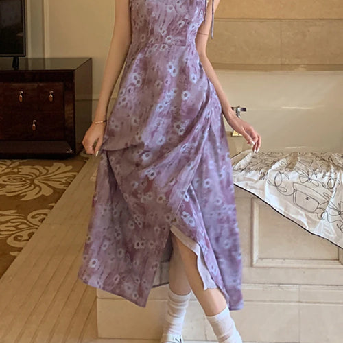 Load image into Gallery viewer, Purple Print Strapless Female Floral Dress Summer High Street Ruffles Women&#39;s Dresses French Style Slim Elegant Dresses
