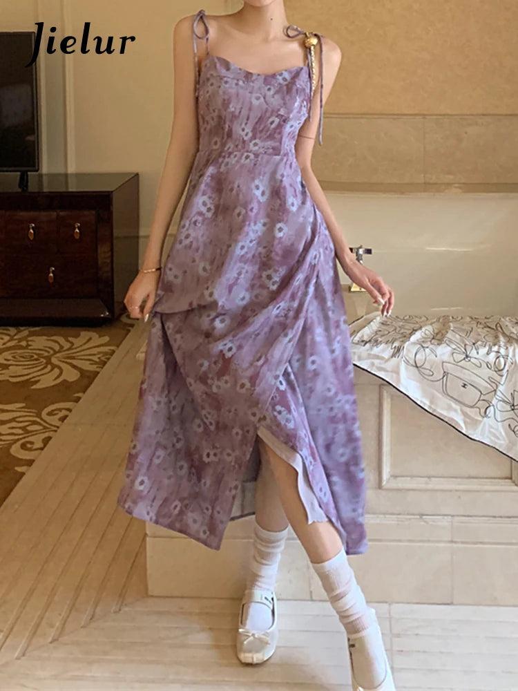 Purple Print Strapless Female Floral Dress Summer High Street Ruffles Women's Dresses French Style Slim Elegant Dresses