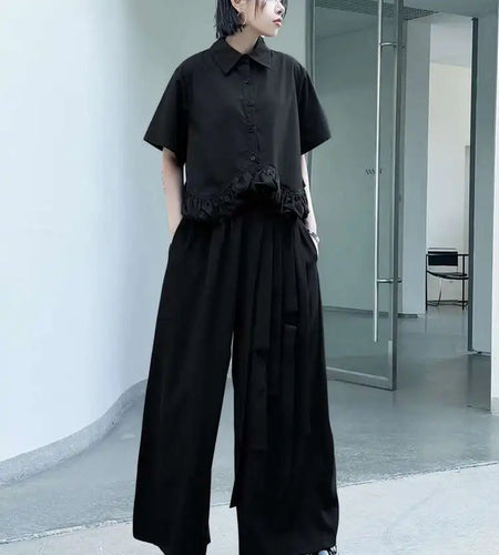 High Elastic Waist Black Buckle Spliced Long Wide Leg Pants New Trousers Women Fashion Tide Spring Autumn 2025 1DJ0632
