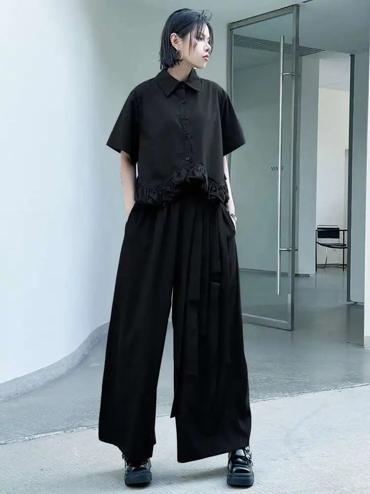 High Elastic Waist Black Buckle Spliced Long Wide Leg Pants New Trousers Women Fashion Tide Spring Autumn 2025 1DJ0632
