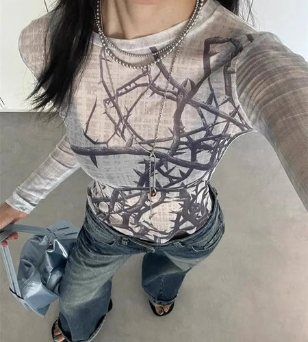 Fashion T Shirts 2024 Women's Clothing Print Long Sleeve Tunic Tees Casual Korean Camisetas Y2k Tops See Through Summer Tshirt