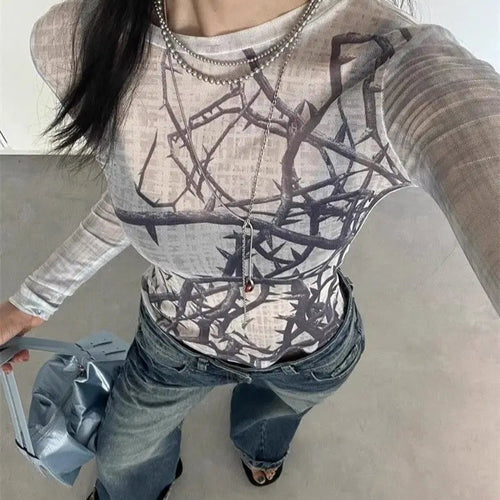 Load image into Gallery viewer, Fashion T Shirts 2024 Women's Clothing Print Long Sleeve Tunic Tees Casual Korean Camisetas Y2k Tops See Through Summer Tshirt
