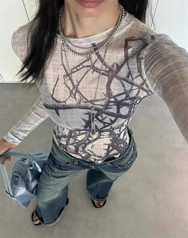Fashion T Shirts 2024 Women's Clothing Print Long Sleeve Tunic Tees Casual Korean Camisetas Y2k Tops See Through Summer Tshirt