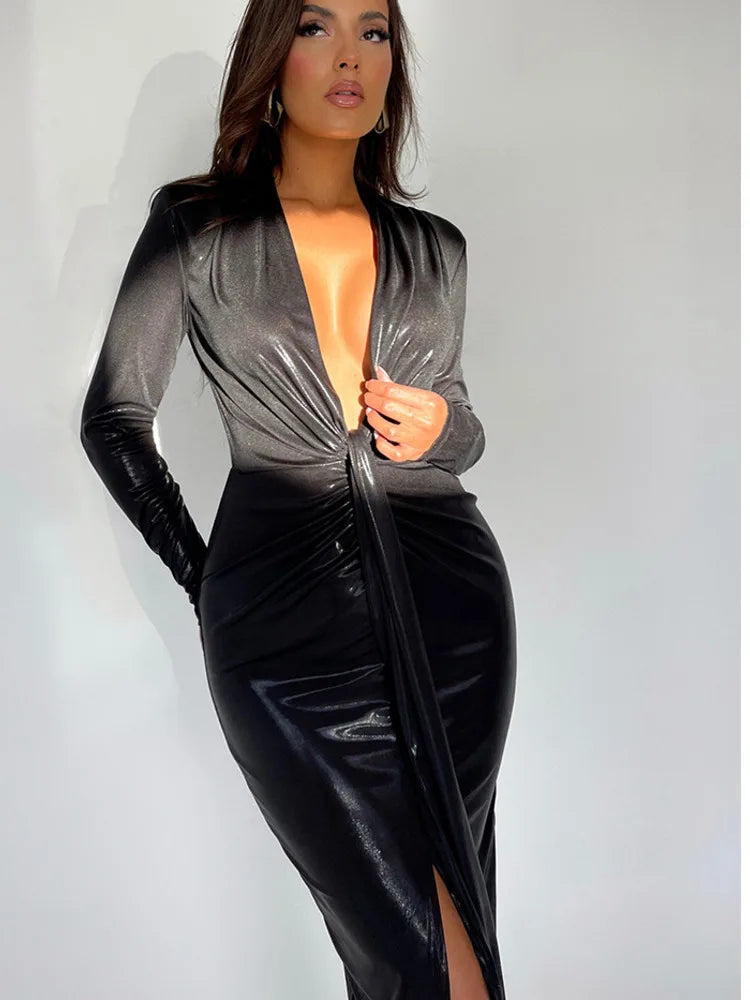 Sexy Deep V Long Sleeve Lace Up Pleated Dress For Women Bodycon Split Metal Color Winter Party Club Evening Vestidos