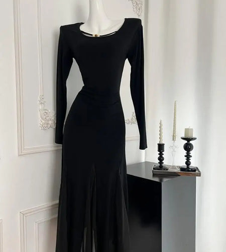 French Vintage Women's Black Mesh Elegant Long Sleeve Pleated Fishtail Dress Autumn Round Neck Temperament Party Evening Dresses