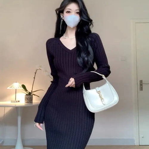 Load image into Gallery viewer, Korean White Knit Long Dress Black V Collar Long Sleeves Bodycon Slim Women Elegant 2023 Autumn Party Khaki Wrap Hip Dress Trend
